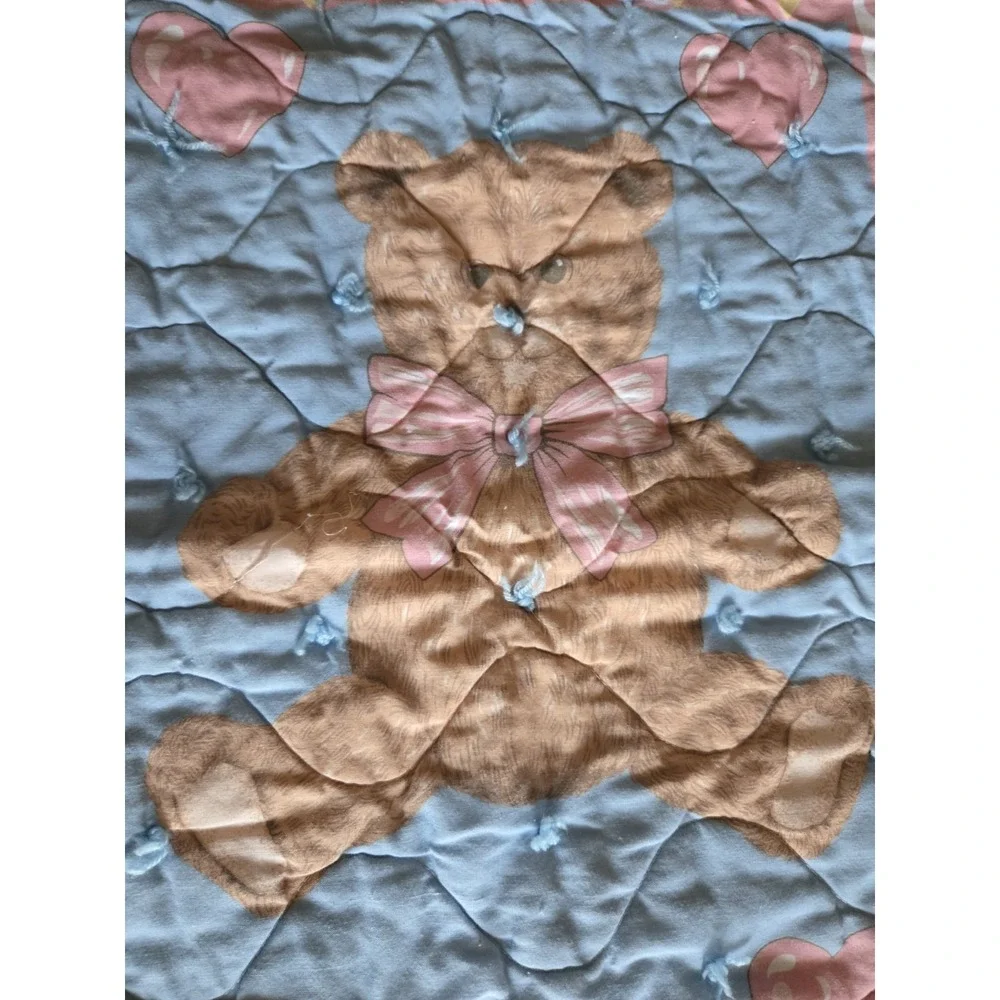 VTG‎ Handmade Baby Quilt Teddy Bear Rocking Horse Pastel Pink Blue Nursery Crib